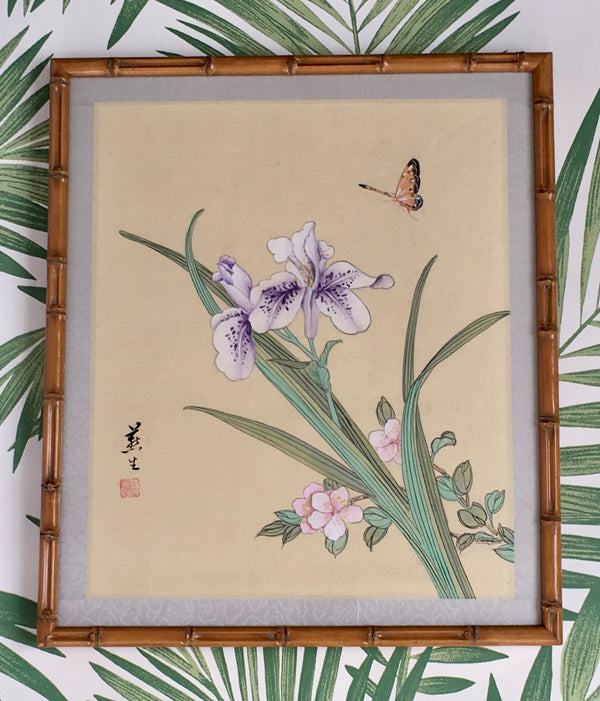 Jackdaw Living - Vintage Chinese Butterfly, Purple Iris and Blossom Silk Painting in a Faux Bamboo Frame