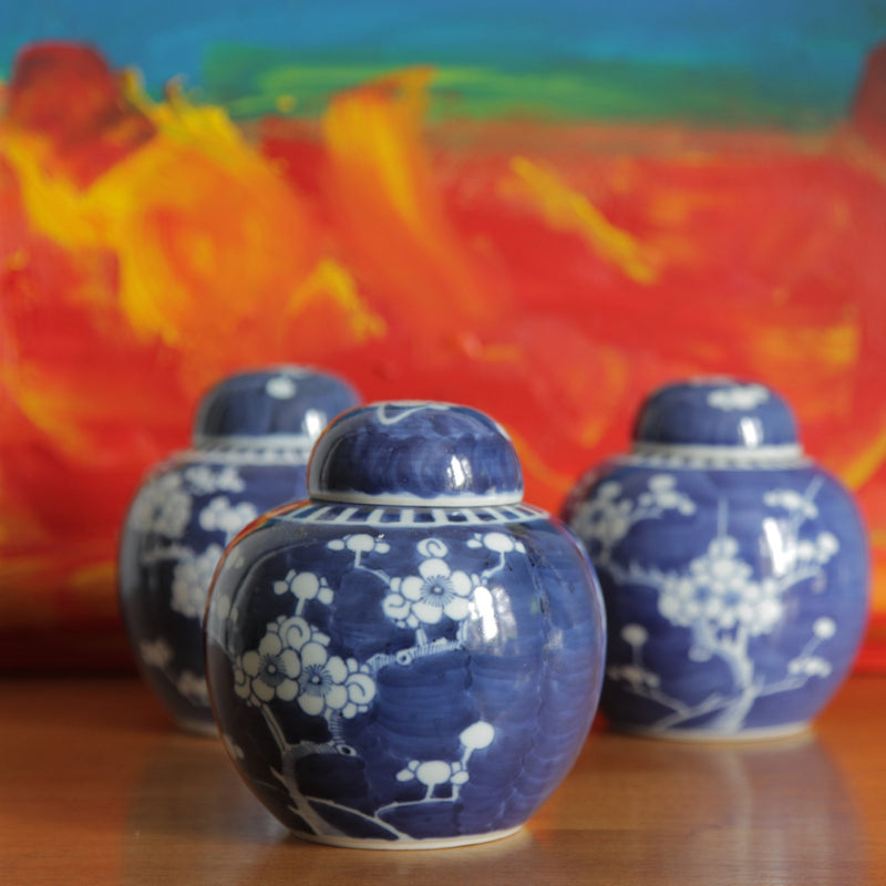Vintage Hand Painted Oriental Blue and White Porcelain Ginger Jar (1)
