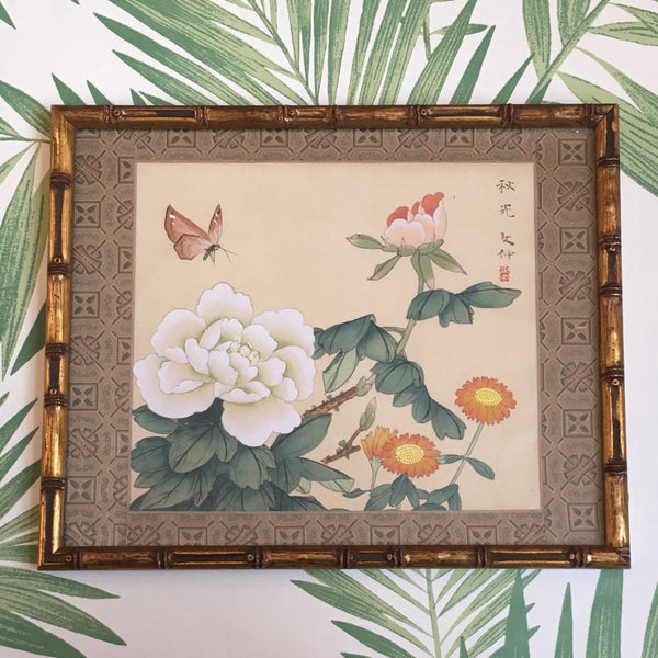 Jackdaw Living - Vintage Chinese Butterfly and Flowers Silk Painting in a Faux Bamboo Frame (White and Pink Peony's)