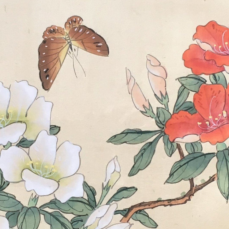 Jackdaw Living - Vintage Chinese Butterfly and Flower Silk Painting in a Faux Bamboo Frame (White And Coral Peony's)