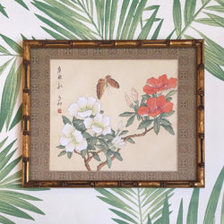 Jackdaw Living - Vintage Chinese Butterfly and Flower Silk Painting in a Faux Bamboo Frame (White And Coral Peony's)