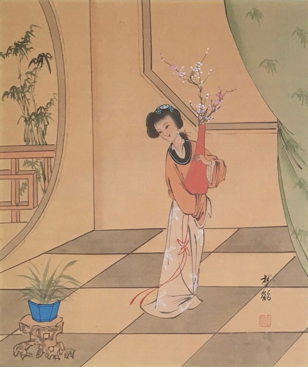 Jackdaw Living - Vintage Chinese Lady with a Vase and Cherry Blossom Silk Painting in a Faux Bamboo Frame