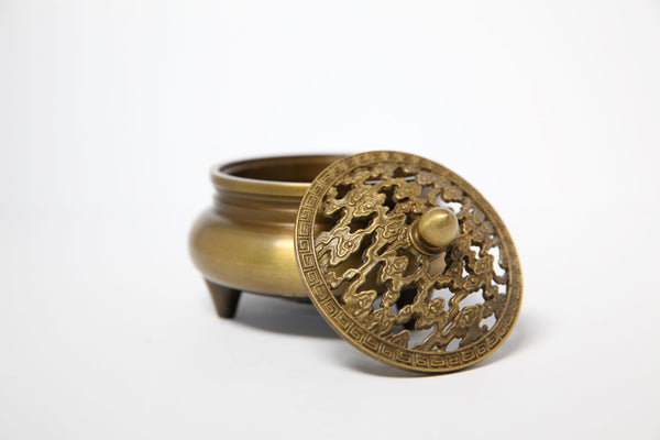 Three Legged Chinese Brass Censer with Cloud Fretwork Lid - Jackdaw Living