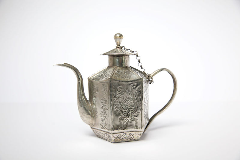 Unique Vintage White Metal Chinese Teapot - Jackdaw Living