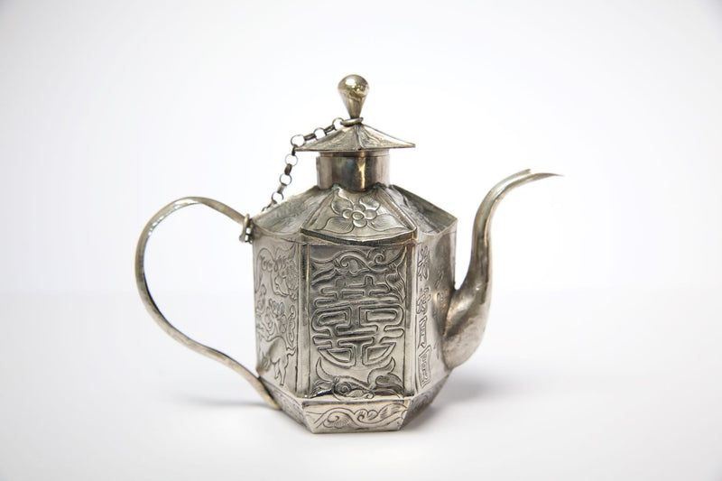 Unique Vintage White Metal Chinese Teapot - Jackdaw Living