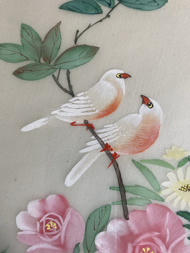 Vintage Golden Finch & Plum Blossom Silk Painting by artist Wong Qui Sang
